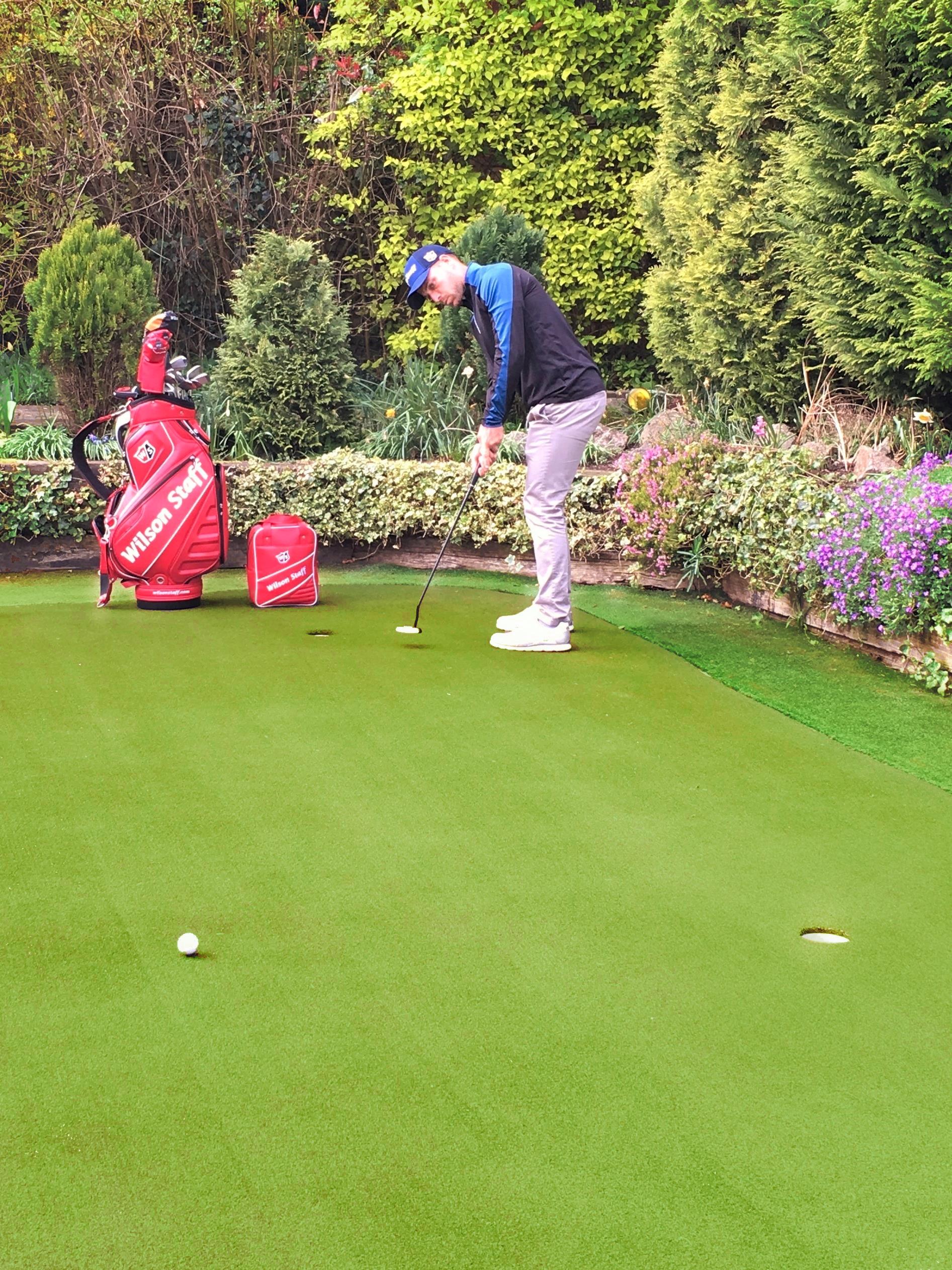 Gary King practises at home on his Huxley Putting Green Gary King practises at home on his Huxley Putting Green
