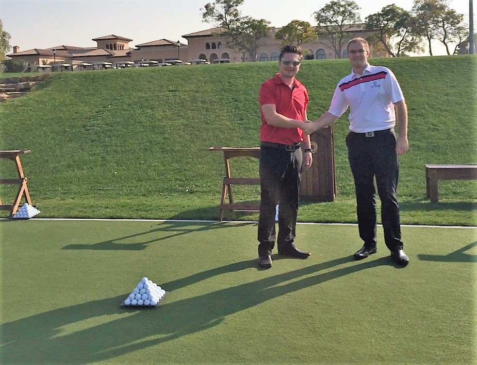 David Gray, Managing Partner, Huxley Golf Middle East (DG Golf LLC) with Alasdair Danson Webster, Golf Operations Manager, Jumeirah Golf Estates celebrate the opening of the new Huxley Golf Practice Tee.